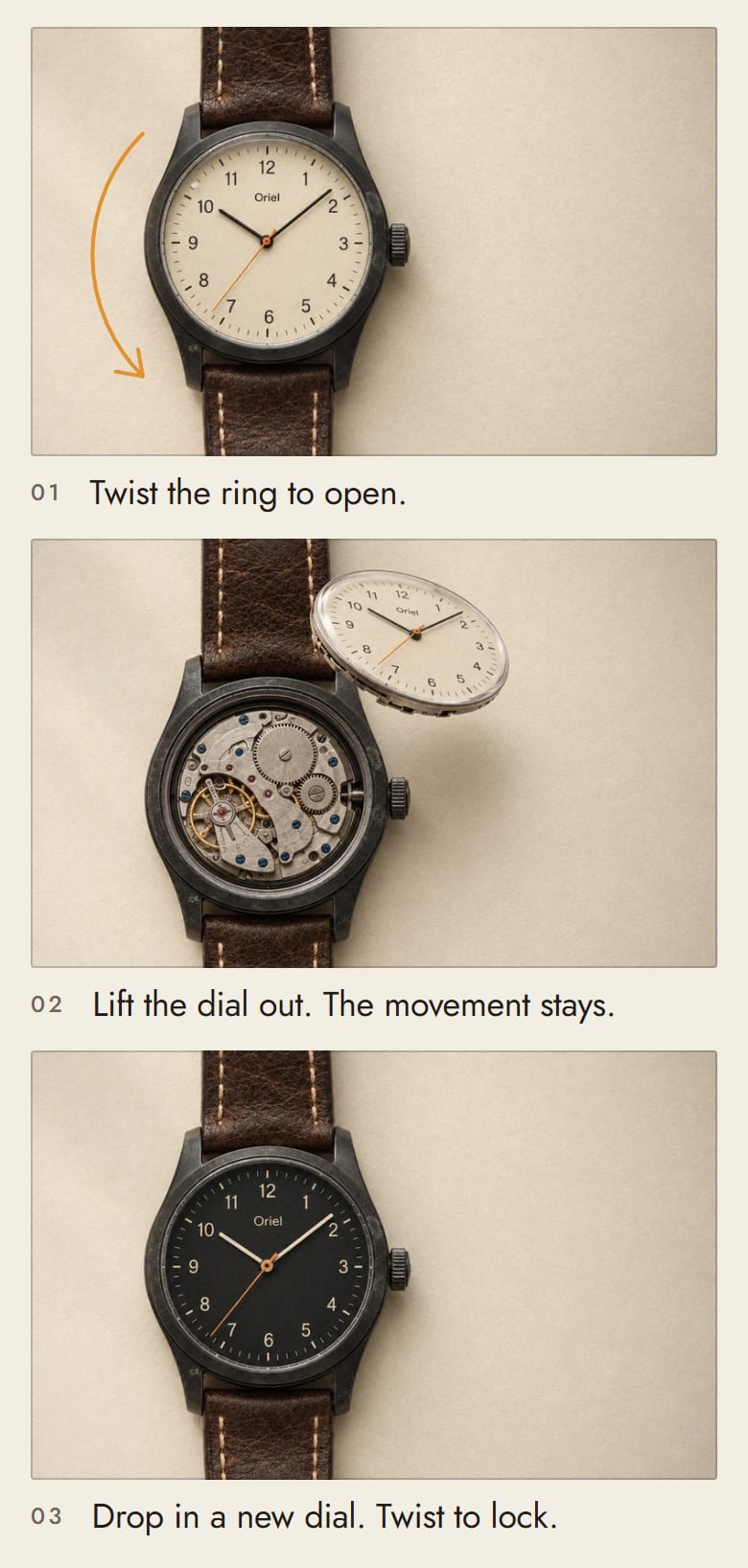 The swap section of the Oriel launch page, in three stills: the watch closed with its cream dial, the dial lifted out with the movement showing, and a black dial locked in.